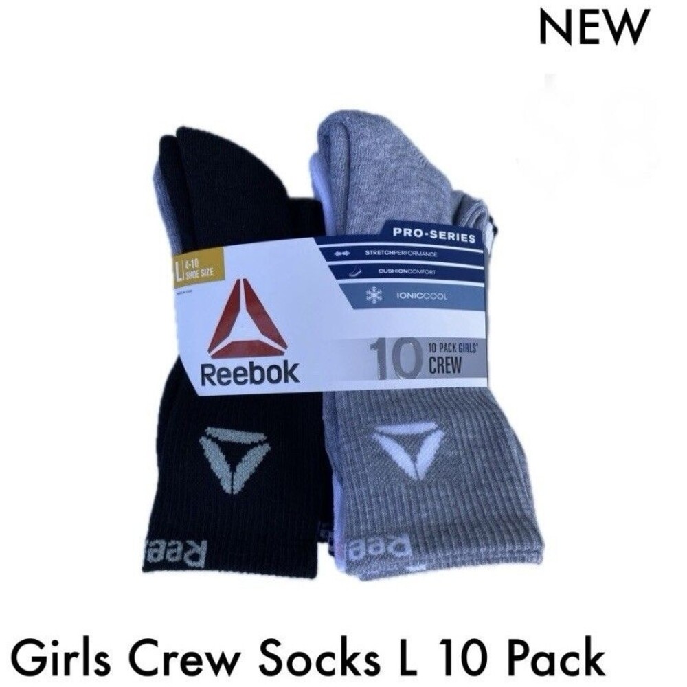 Reebox Girls Crew Socks 10 Pack Size Large (4-10) Shoe Size